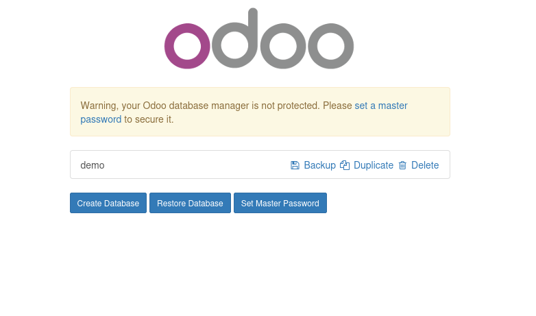 Gestor de base de datos de Odoo Expuesto sin clave